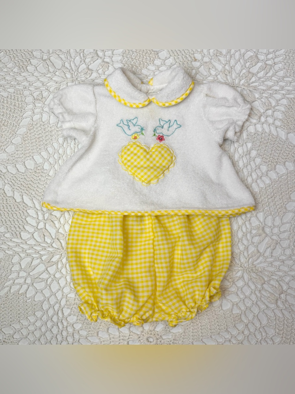 Vintage 1980s Baby Togs Girl 0-3 Months Love Birds Blouse Gingham Bloomers Set